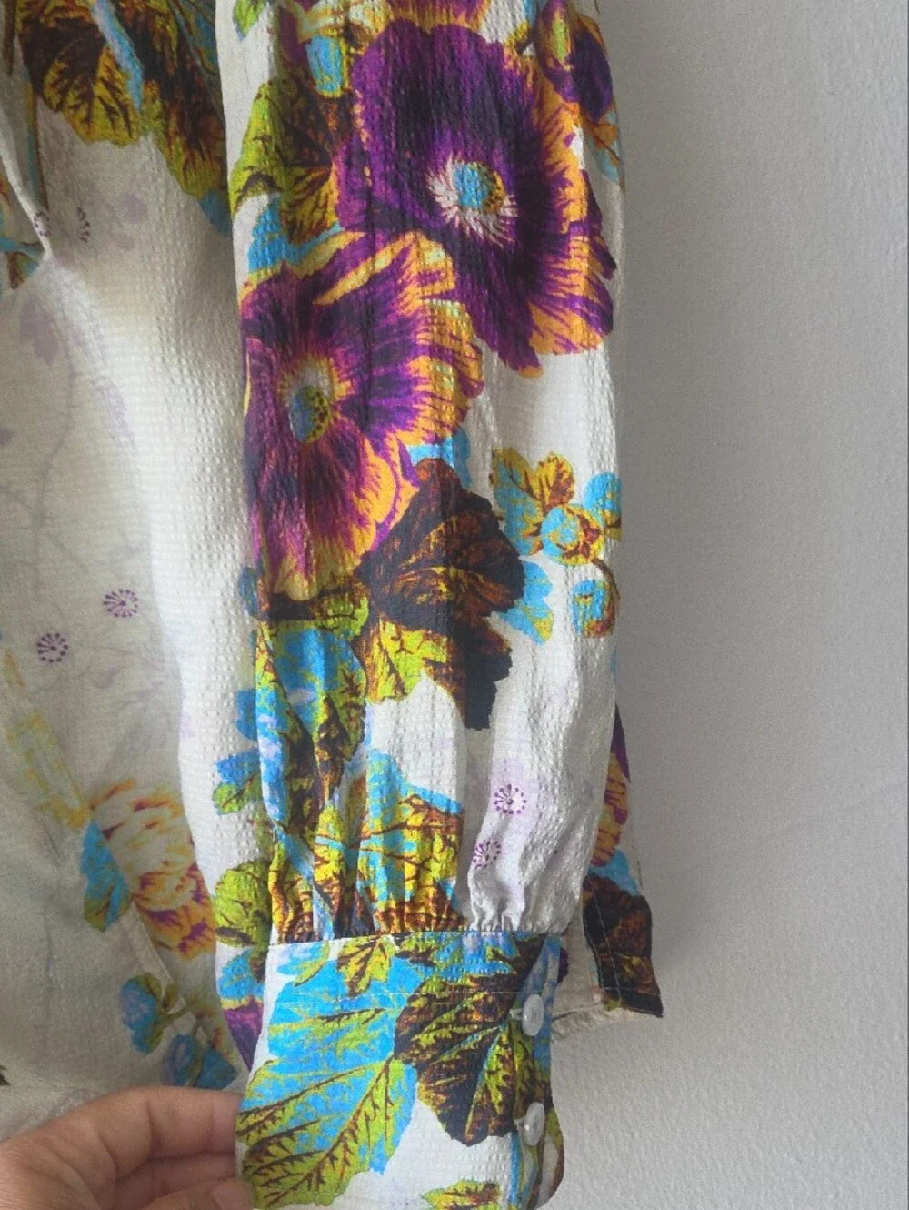 Tory Burch Cream Tie-Neck Blouse with Purple and Turquoise Floral Print